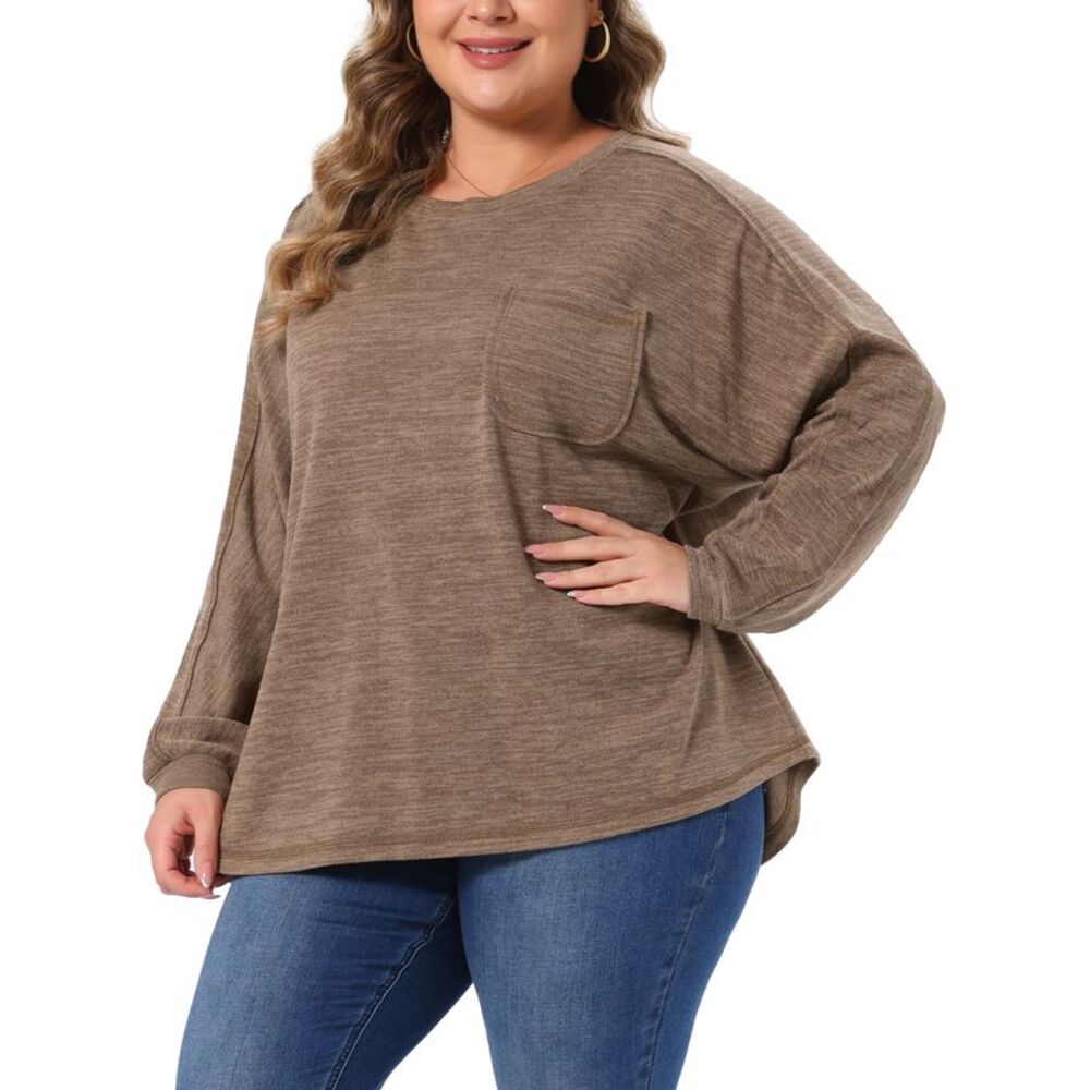 Women Plus Size Crewneck Loose Fit Fall Pullover Tops Light Brown
